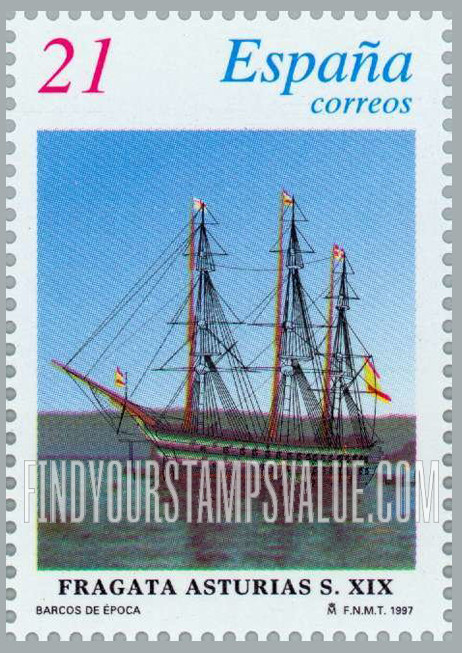 FindYourStampsValue: 19th Centenary Sailing Ships: Frigate Asturias