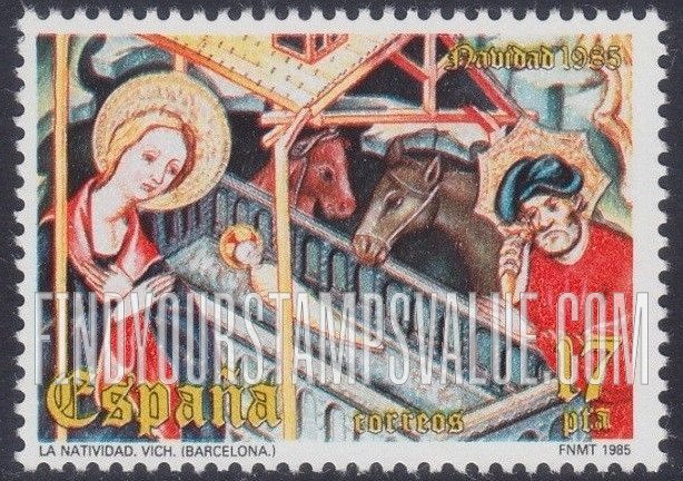 FindYourStampsValue: Christmas 1985. 14th-15th century paintings in the Episcopal Museum, Vich: Nativity, Guimera Altarpiece retable, 14th cent., by Ramon de Mur