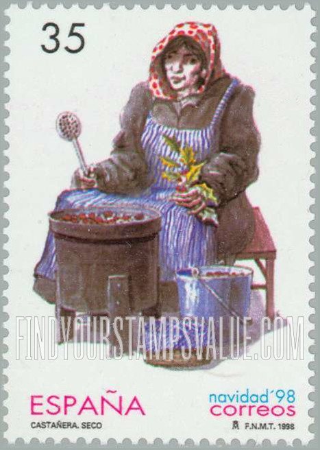 FindYourStampsValue: Christmas (Works of art): Chestnut Seller, by Rafael Seco