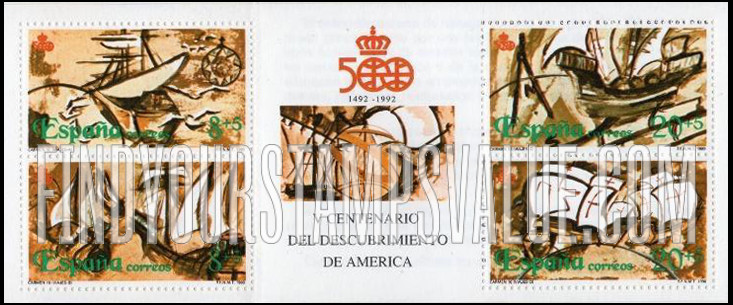 FindYourStampsValue: Semi-Postal: Discovery of America, 500th Anniversary, Drawings of sailing ships