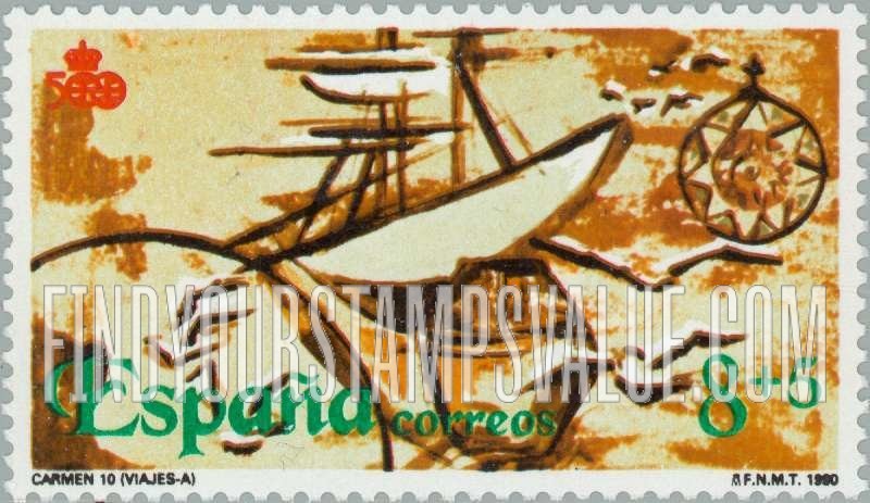 FindYourStampsValue: Semi-Postal: Discovery of America, 500th Anniversary, Drawings of sailing ships “Viajes-A”