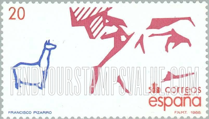 FindYourStampsValue: Discovery of America (in 1992), 500th Anniversary: Francisco Pizarro, conqueror of Peru, and llama