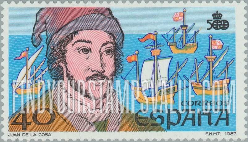 FindYourStampsValue: Discovery of America, 500th Anniversary (in 1992): Ships and Juan de la Cosa (c. 1460-1510), master of the Santa Maria, cartographer who made first map of the New World