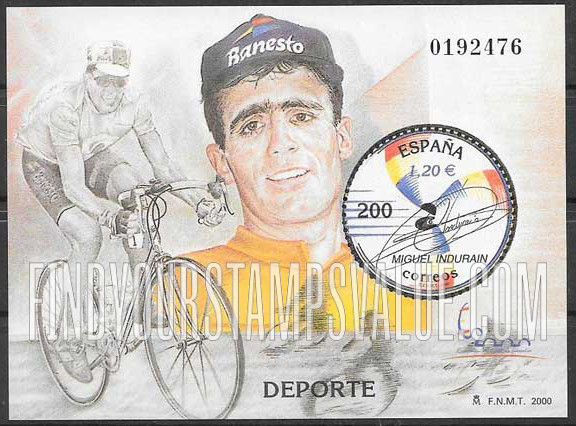 FindYourStampsValue: España 2000 International Philatelic Exhibition, Signature of Miguel Induráin, cyclist: Illustration reduced