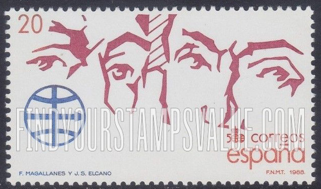 FindYourStampsValue: Discovery of America (in 1992), 500th Anniversary: Portuguese navigator Ferdinand Magellan, Juan de Elcano (c. 1476-1526) and globe symbolizing circumnavigation of the world
