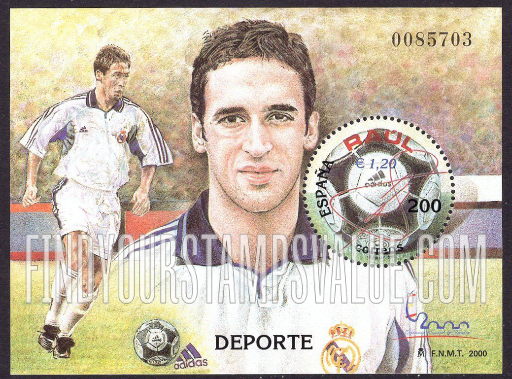 FindYourStampsValue: España 2000 International Philatelic Exhibition, Soccer ball, signature of Raúl González, soccer player: Illustration reduced