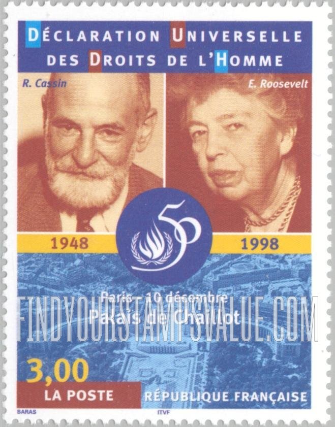 FindYourStampsValue: Universal Declaration of Human Rights, 50th Anniversary: René Cassin (1887-1976), principal author of Declaration, Eleanor Roosevelt (1884-1962), Chaillot Palace, Paris