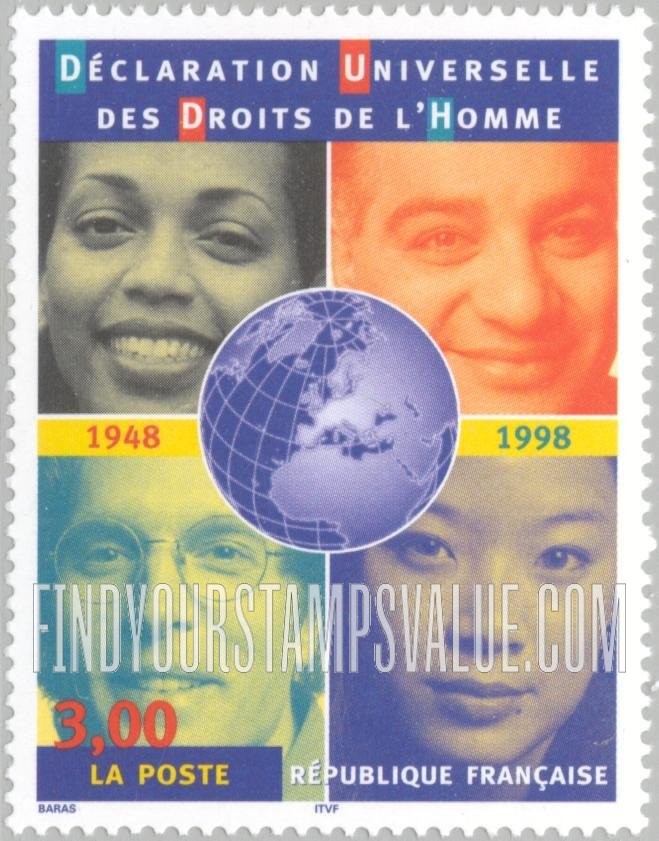FindYourStampsValue: Universal Declaration of Human Rights, 50th Anniversary: Faces of people of various races, globe