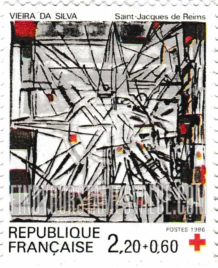 FindYourStampsValue: SEMI-POSTAL - Stained Glass Window (detail), by Vieira da Silva, St. Jacques of Reims Church, Marne