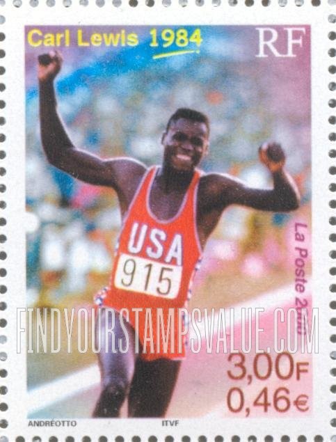 FindYourStampsValue: The 20th Century: Carl Lewis wins four Olympic gold medals, 1984, vertical