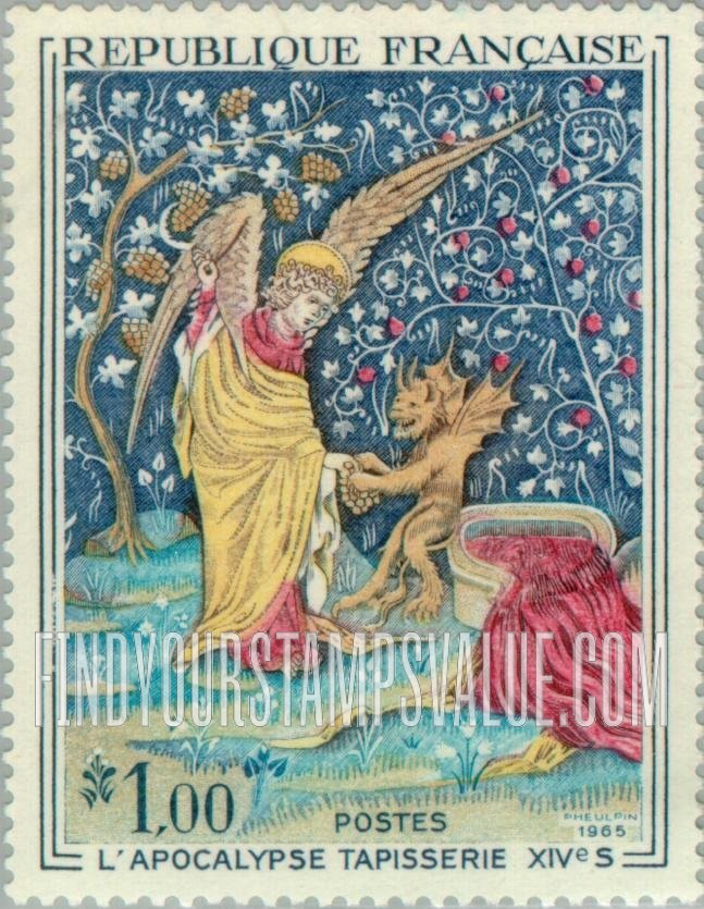 FindYourStampsValue: Apocalypse Tapestry, 14th Century: Scene from oldest existing set of French tapestries, showing the Winepress of the Wrath of God (Revelations 14: 19-20)