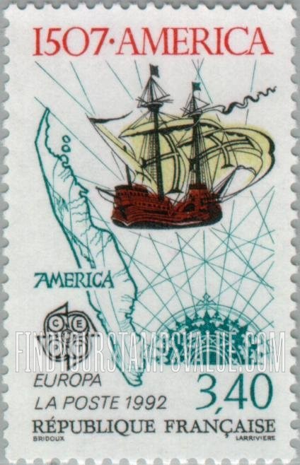 FindYourStampsValue: Discovery of America, 500th Anniversary: Sailing ship, map