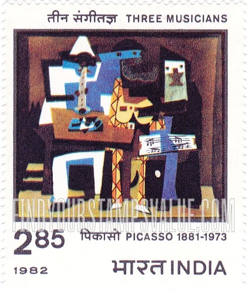 FindYourStampsValue: Republic of India: Three musicians by Pablo Picasso - भारत गणराज्य: तीन संगीतज्ञ, पाब्लो पिकासो