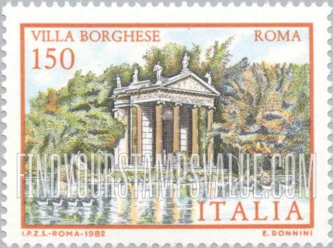 FindYourStampsValue: Villa Type of 1980: Temple of Aesculapius, Villa Borghese, Rome