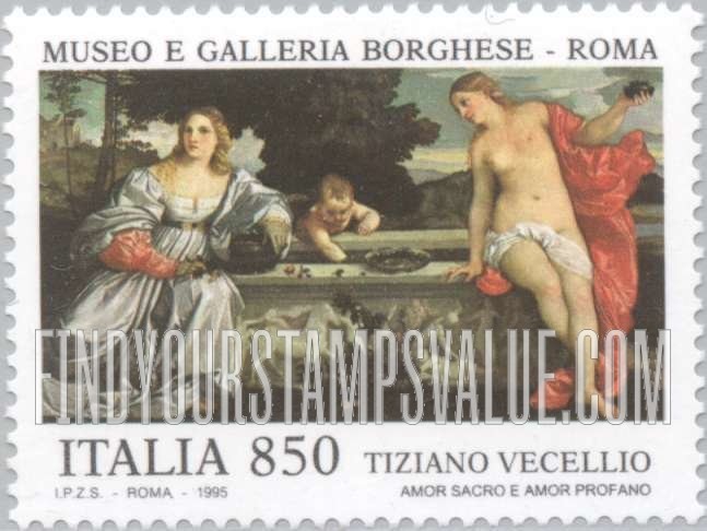 FindYourStampsValue: National Treasures: Painting, Sacred and Profane Love, by Titian, Borghese Gallery and Museum, Rome, horizontal