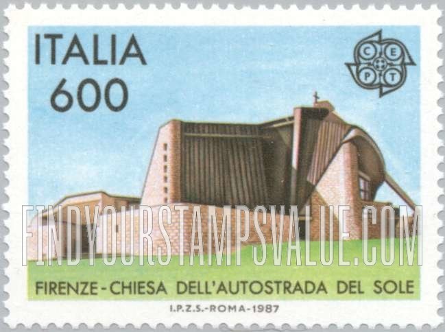 FindYourStampsValue: Europa 1987: Church of Sun Motorway, Florence, designed by Michelucci