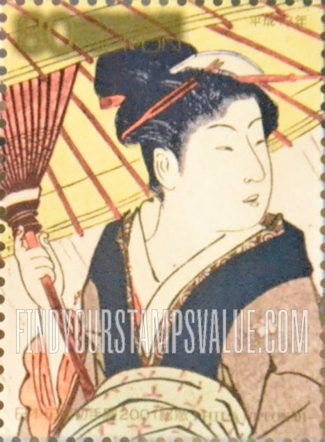FindYourStampsValue: Phila Nippon ’01: Nishiki Fuzoku Higashino Returning From a Bathhouse in the Rain by Kiyonaga Torii - 日本国際切手展2001:鳥居清長画「風俗東之錦・雨中湯帰り」