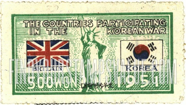 FindYourStampsValue: Flags of Britain and Korea and Statue of Liberty - 영국과 대한민국의 국기와 자유의 여신상