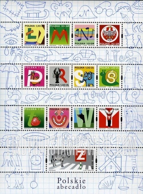 FindYourStampsValue: Depictions of Polish words starting with letters of the alphabet