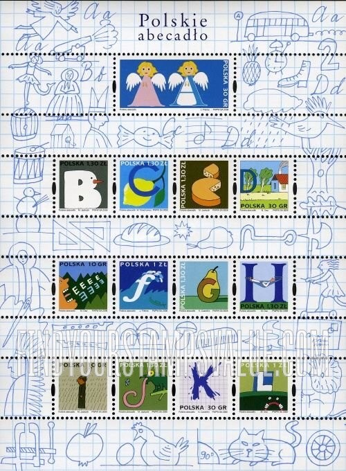 FindYourStampsValue: Depictions of Polish words starting with letters of the alphabet