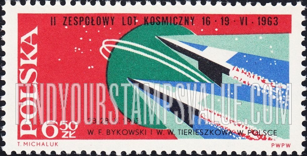 FindYourStampsValue: Rockets “Falcon” and “Mew” and globe: Overprinted: “23-28 X. 1963” and name of astronaut