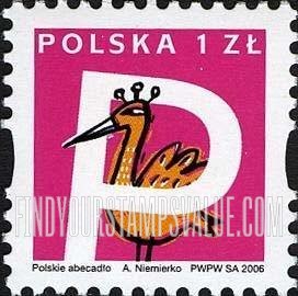 FindYourStampsValue: Depictions of Polish words starting with letters of the alphabet: Peacock