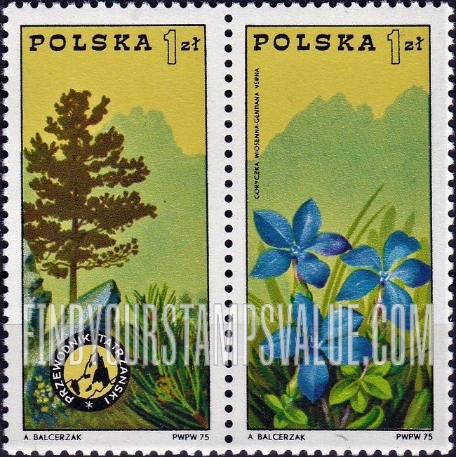 FindYourStampsValue: Pine, badge and Gentian and Tatra Mountains,vertical