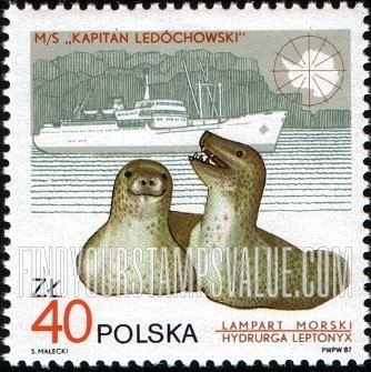 FindYourStampsValue: Wildlife and ships: Hydrurga leptonyx, ship Kapitan Ledochowski