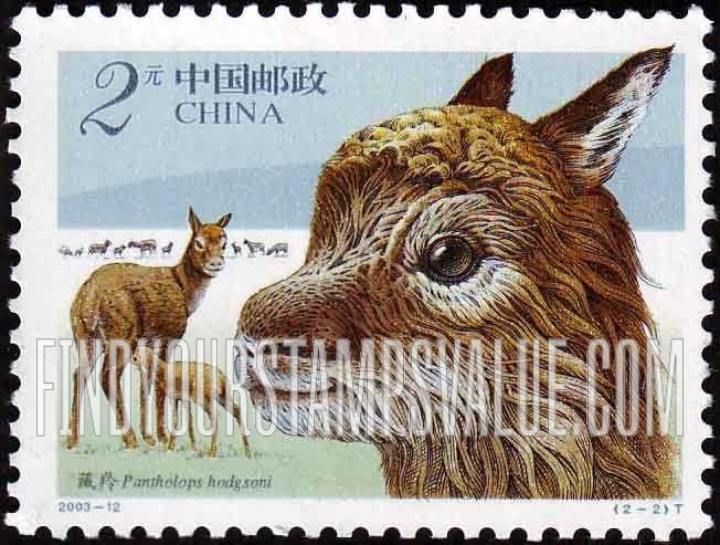 FindYourStampsValue: Tibetan Antelopes: Antelope’s head, adult with young - 藏羚: 藏羚的头,成年与年轻