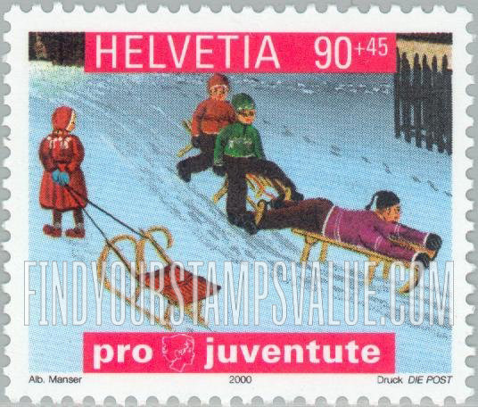 FindYourStampsValue: Semi-Postal, Illustrations from Little Albert, by Albert Manser: Children on sleds