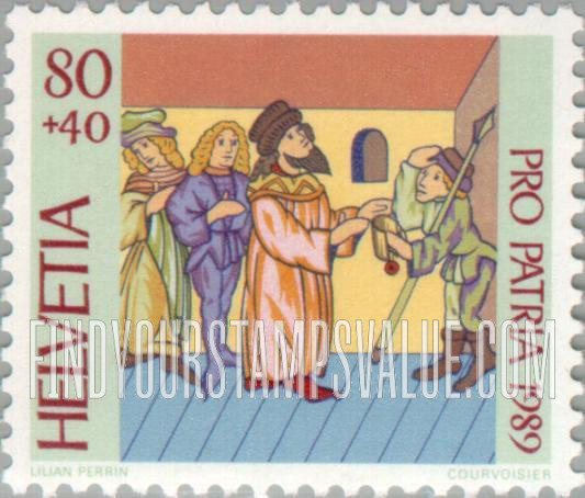 FindYourStampsValue: Semi-Postal, 700 Years of Art and Culture, Illuminations in Zurich Central, Bern Burgher and Lucerne Central libraries: Official messenger of Schwyz before the Council of Zurich, c. 1440, Gerold Edlibach Chronicle, 1485