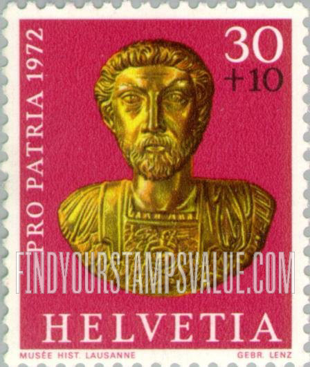 FindYourStampsValue: Semi-Postal, Archaeological Treasures: Gold bust of Emperor Marcus Aurelius, Roman period