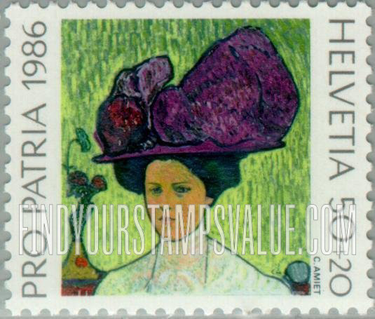 FindYourStampsValue: Semi-Postal, Paintings in National Museums, Swiss art: The Violet Hat, 1907, by Cuno Amiet (1868-1961)