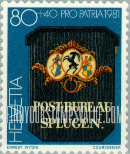 FindYourStampsValue: Semi-Postal: Post Office Sign, Splugen (c. 1849)