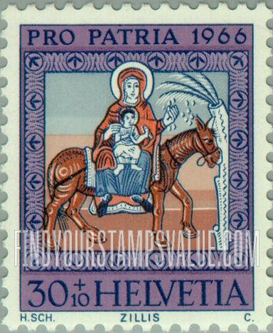 FindYourStampsValue: Semi-Postal, Ceiling Paintings from Church of St. Martin at Zillis: Virgin and Child fleeing to Egypt