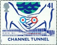 FindYourStampsValue: Great Britain (United Kingdom): Opening of Channel Tunnel - Joined Hands above speeding Train