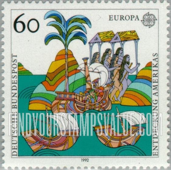 FindYourStampsValue: Discovery of America, 500th Anniversary: Woodcut illustrating letters from Columbus, 1493