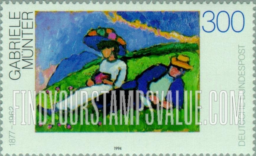 FindYourStampsValue: Paintings Type of 1993: Couple Lying on Grass, by Gabriele Munter