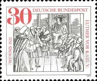 FindYourStampsValue: 450th Anniversary of the Diet of Worms - Luther facing Charles V, Woodcut by Rabus