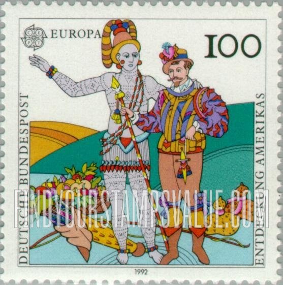 FindYourStampsValue: Discovery of America, 500th Anniversary: Rene de Laudonniere and Chief Athore by Jacques le Moyne de Morgues, 1564