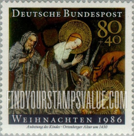 FindYourStampsValue: SEMI-POSTAL - Christmas: Adoration of the Infant Jesus, Ortenberg Altarpiece, c. 1430, Hesse Museum, Darmstadt