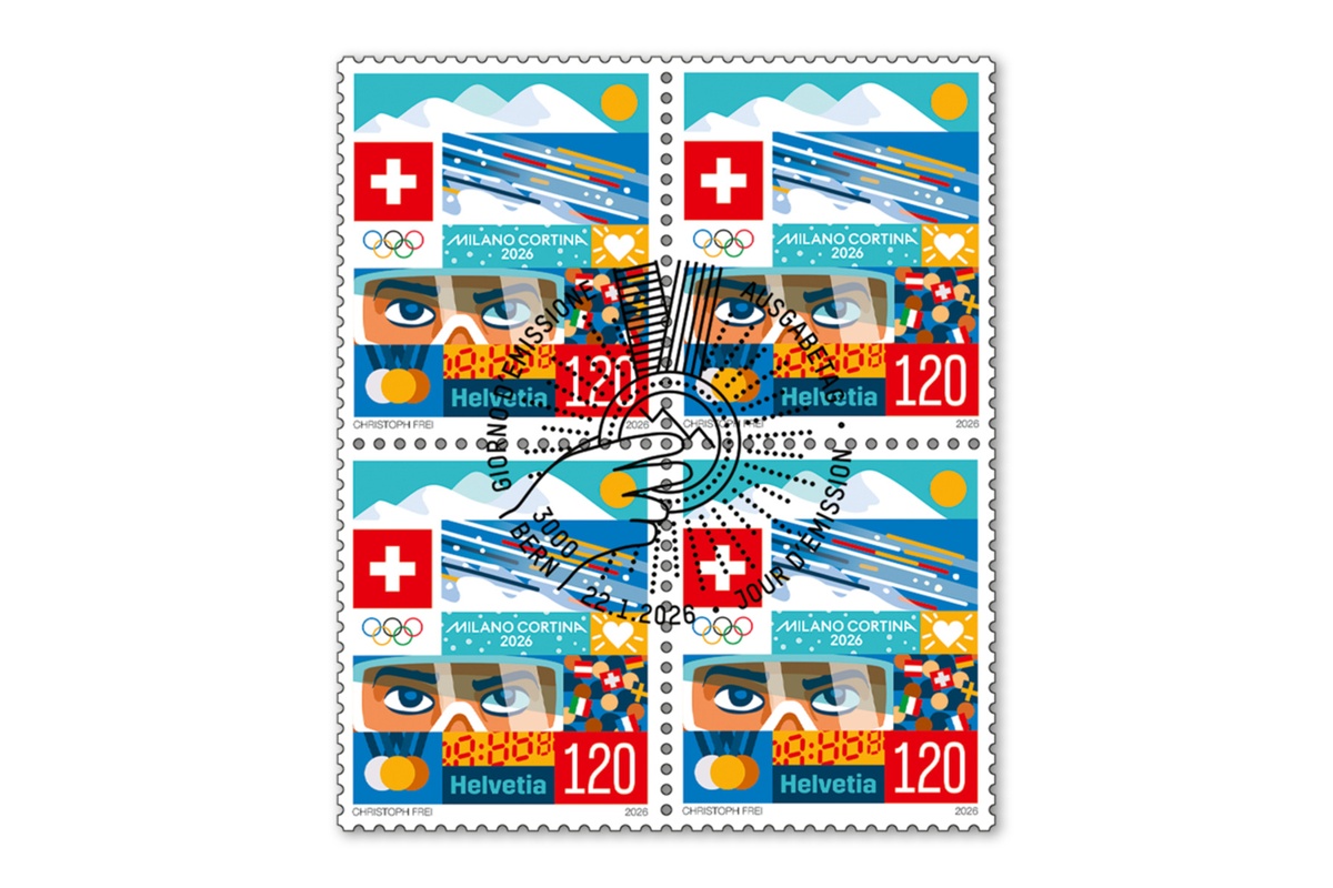 Swiss Post puts Milano Cortina 2026 on stamps: sheetlet, block of four, and First Day Cover for Olympic collectors