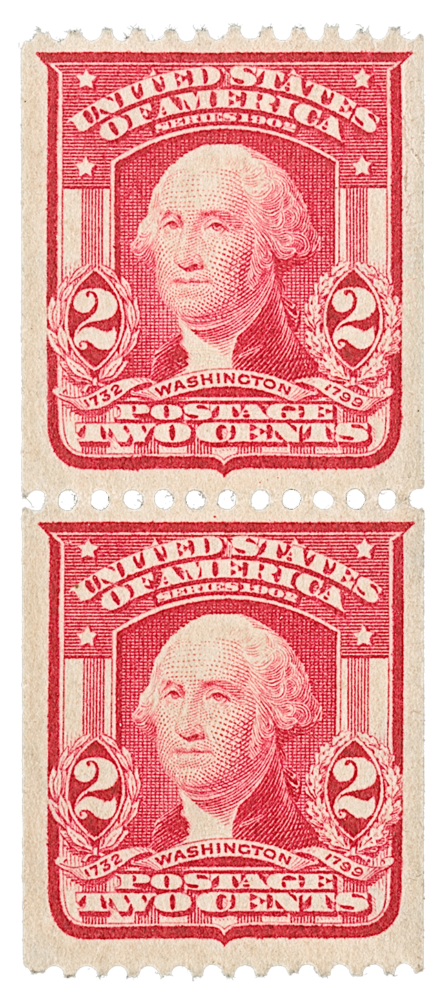 George Washington Briefmarke Karminrotes vertikales Spulenpaar 2c, 1908 - seltene US-Briefmarke