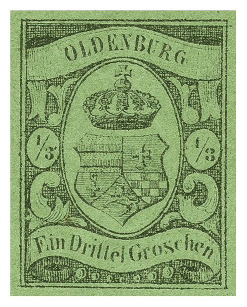 Briefmarke Oldenburg 1/3 Gr. schwarz auf grĂĽnem Papier, 1859