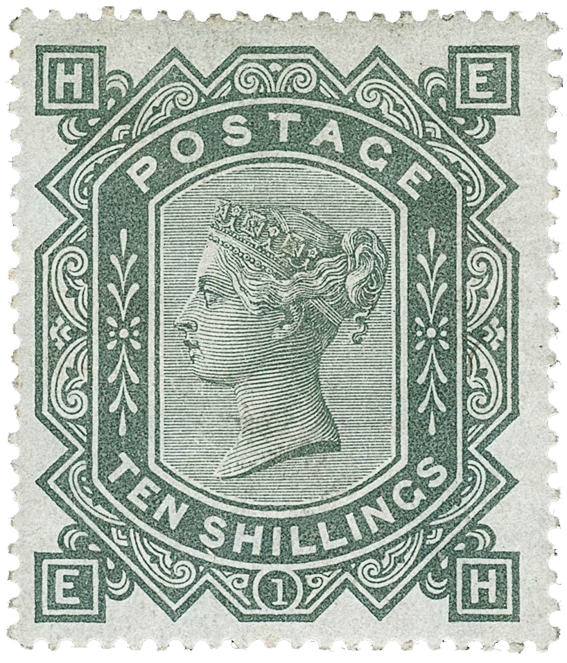 10sh Graugrüner Stempel auf gebläutem Papier, 1883