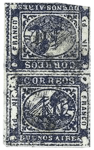 Buenos Aires 1859 1P "In Ps" tete-beche Paar