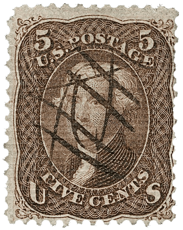 Braune Briefmarke Thomas Jefferson A-Grill 5c, 1867 - seltene US-Briefmarke