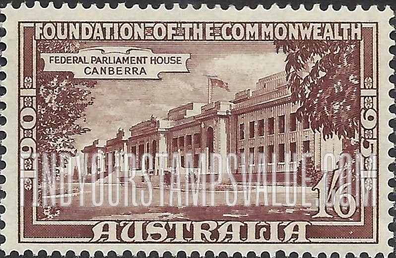 FindYourStampsValue: Founding of the Commonwealth of Australia, 50th Anniversary: Parliament House, Canberra