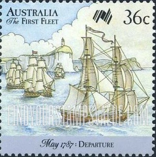 FindYourStampsValue: First Fleet Leaving England: Fleet in harbor