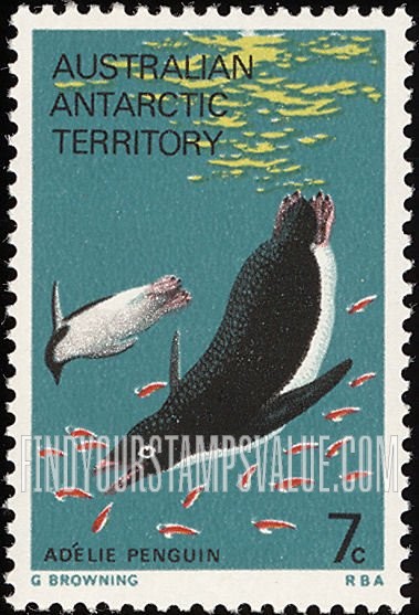 FindYourStampsValue: AUSTRALIAN ANTARCTIC TERRITORY: Adelie penguin feeding on krill shrimp
